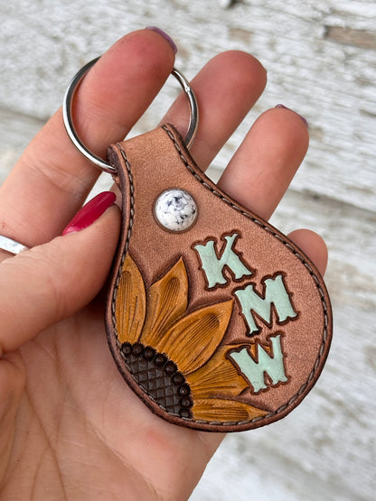 Tooled Leather Sunflower & Initials Keychain