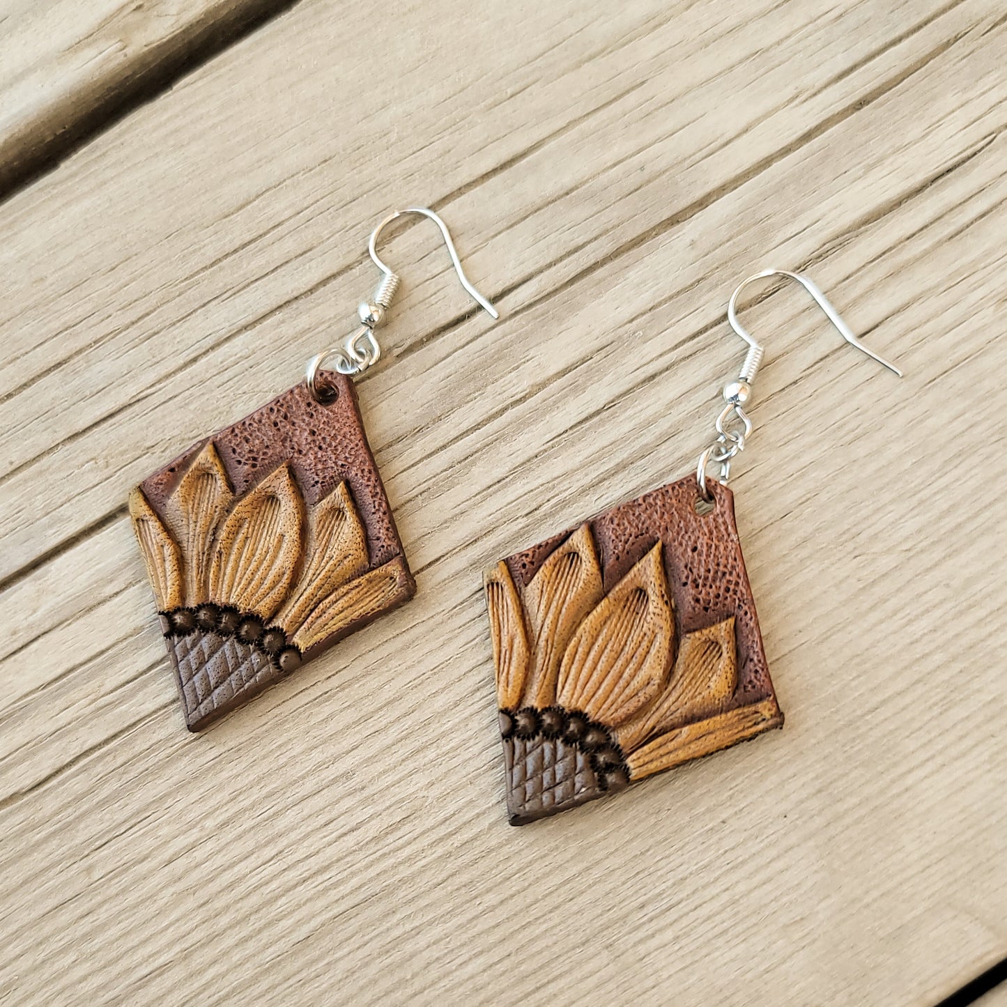 Small Diamond Sunflower Painted Leather Earrings