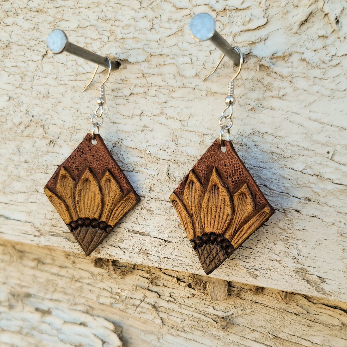 Small Diamond Sunflower Painted Leather Earrings