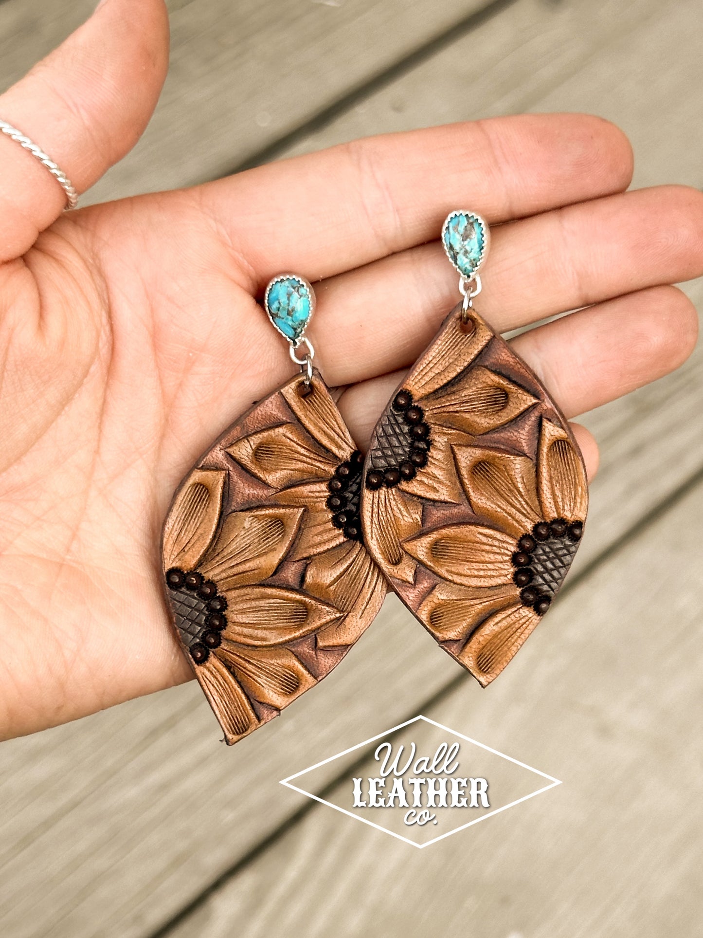 Copper Turquoise, Sterling Silver & Leather Sunflower Stud Earrings