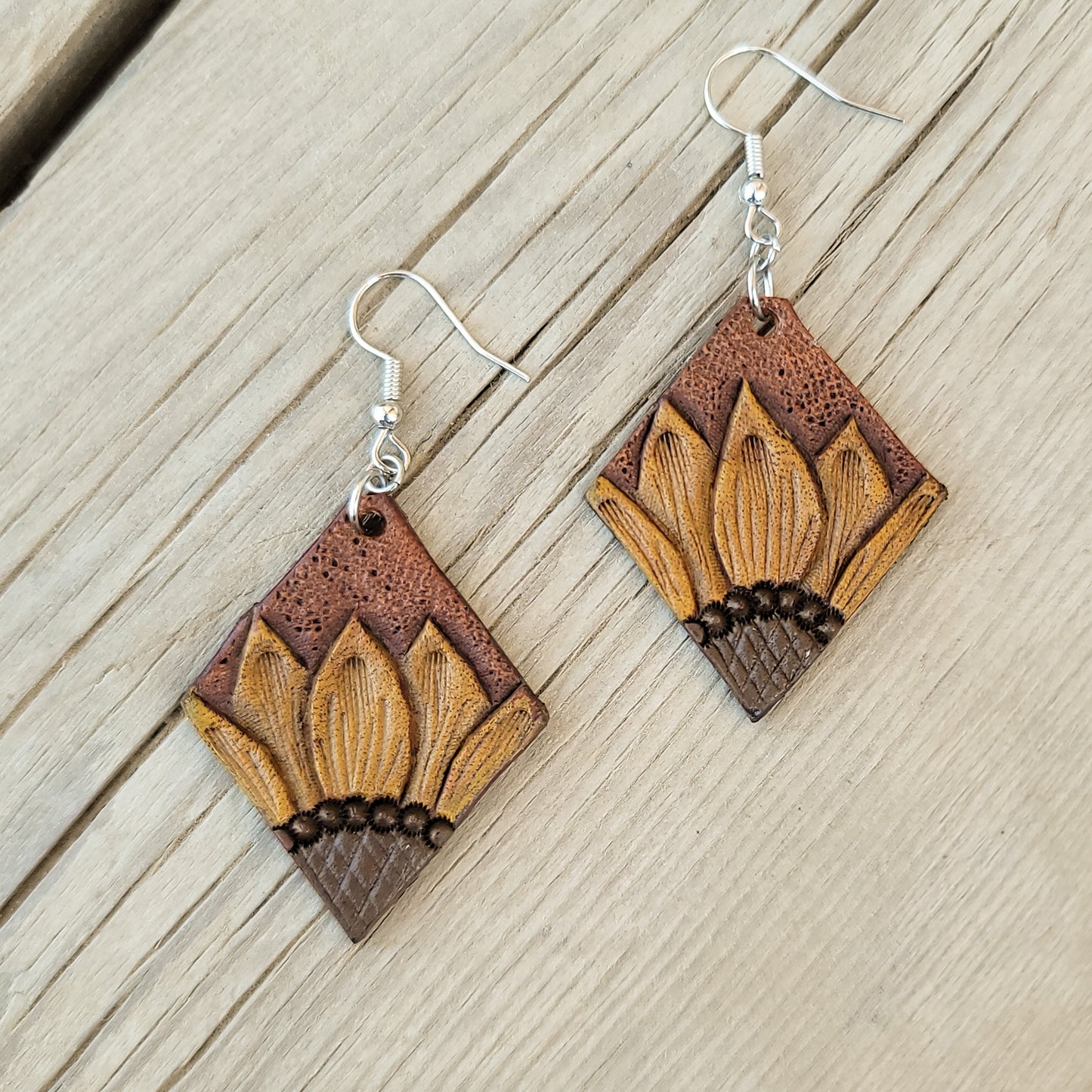 Small Diamond Sunflower Painted Leather Earrings