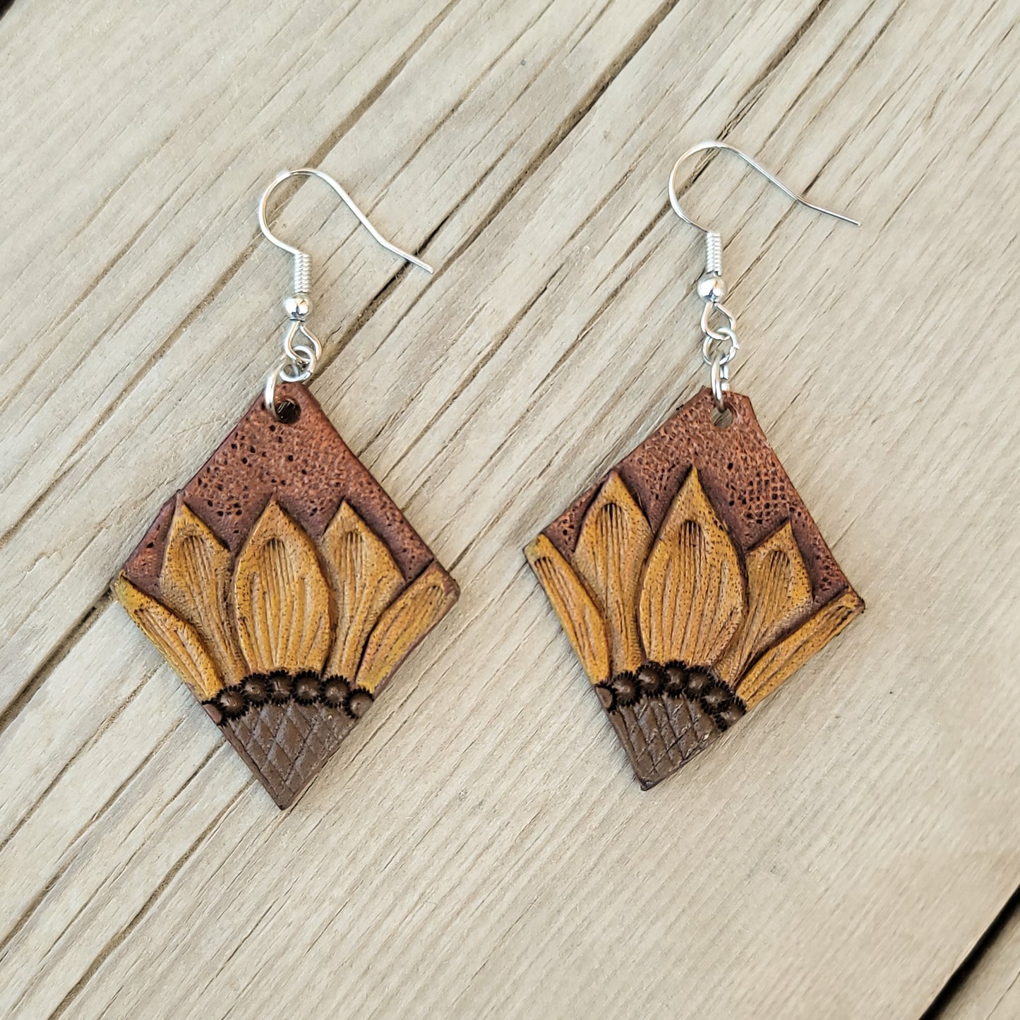 Small Diamond Sunflower Painted Leather Earrings