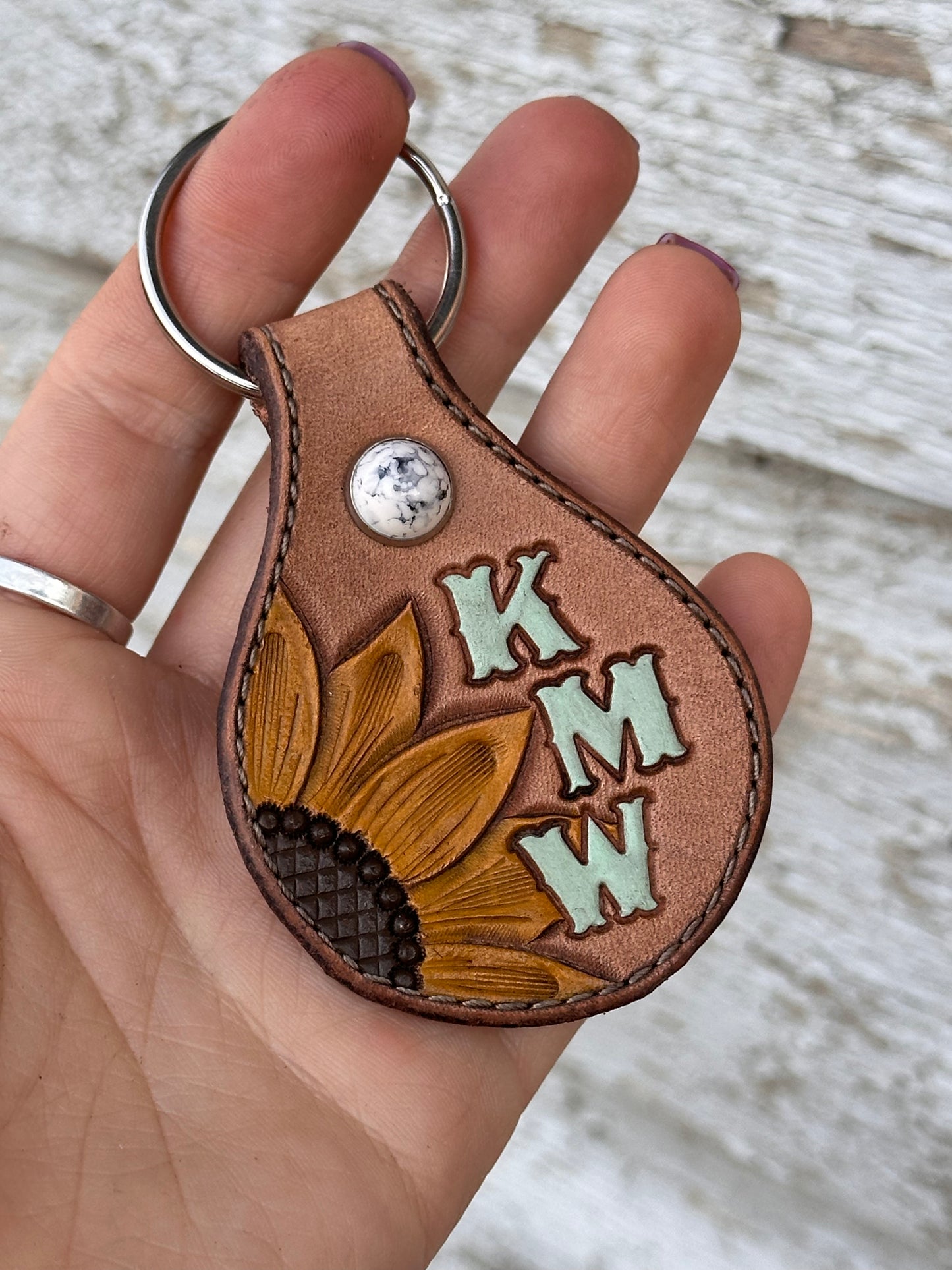 Tooled Leather Sunflower & Initials Keychain