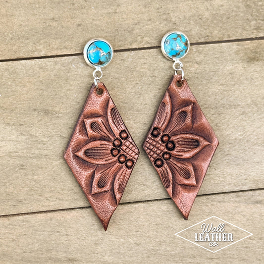 Sunflower Leather Earrings with Copper Turquoise Posts