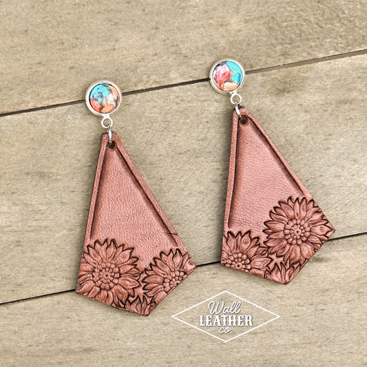 Sunflower Stamped Leather Earrings with Spiny Oyster Posts