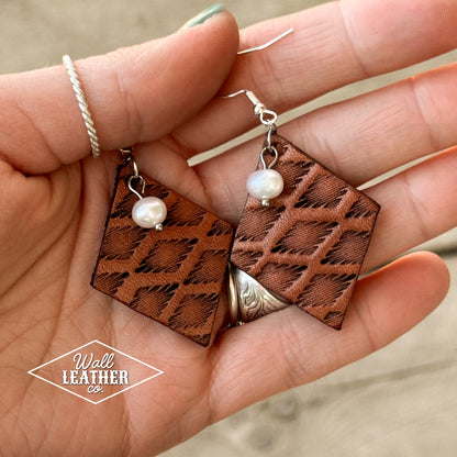 Aztec Print Leather Earrings with Pearl