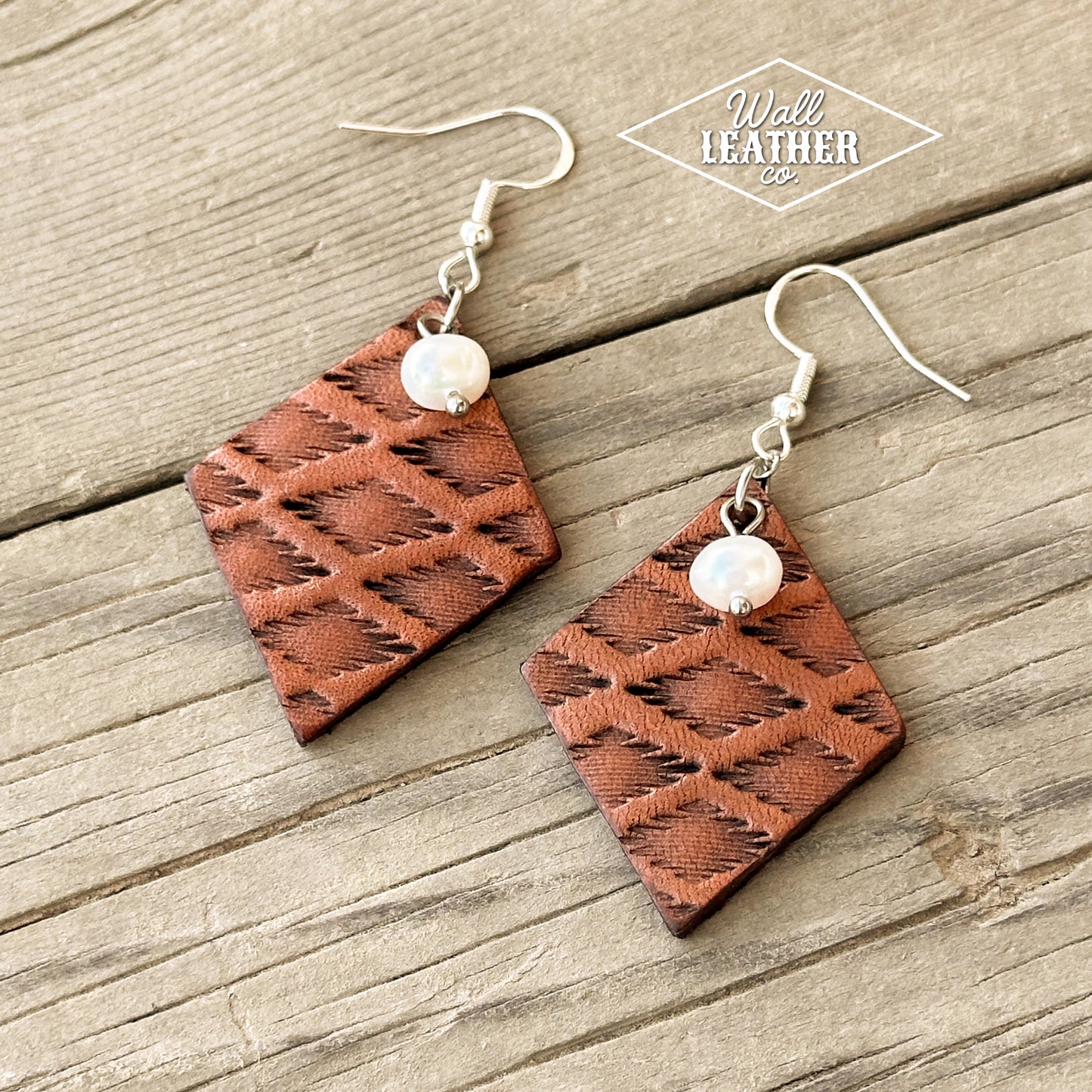 Aztec Print Leather Earrings with Pearl
