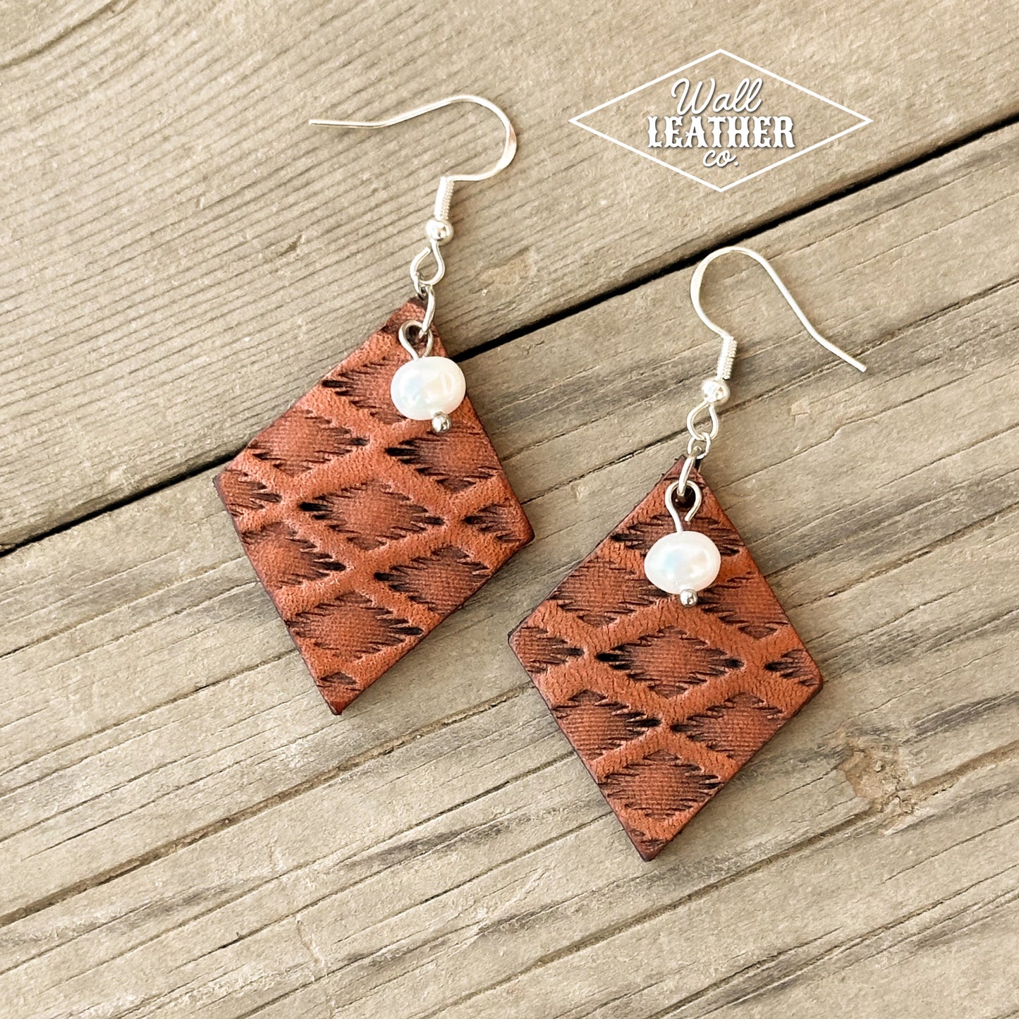 Aztec Print Leather Earrings with Pearl