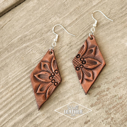 Long Diamond Sunflower Leather Earrings