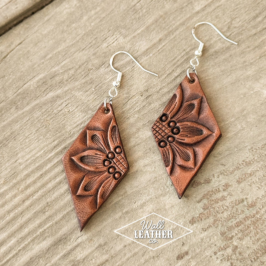 Long Diamond Sunflower Leather Earrings