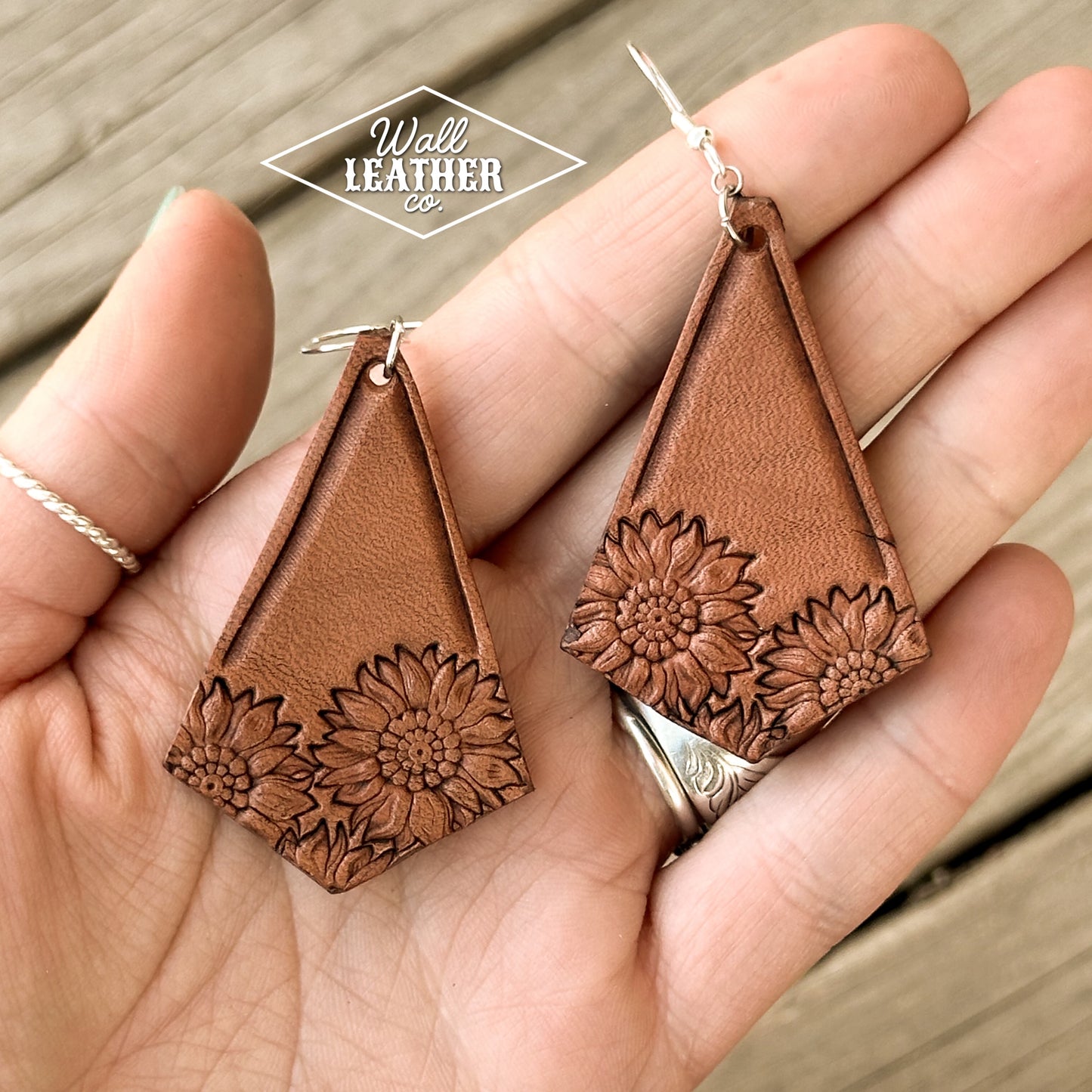 Diamond Sunflower Stamped Leather Earrings