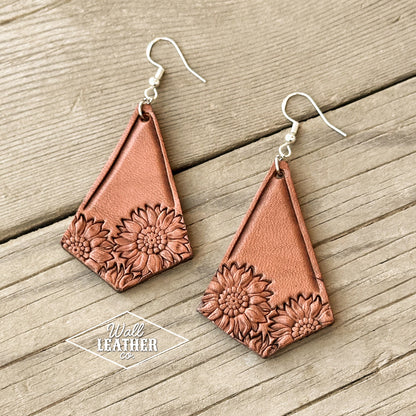Diamond Sunflower Stamped Leather Earrings