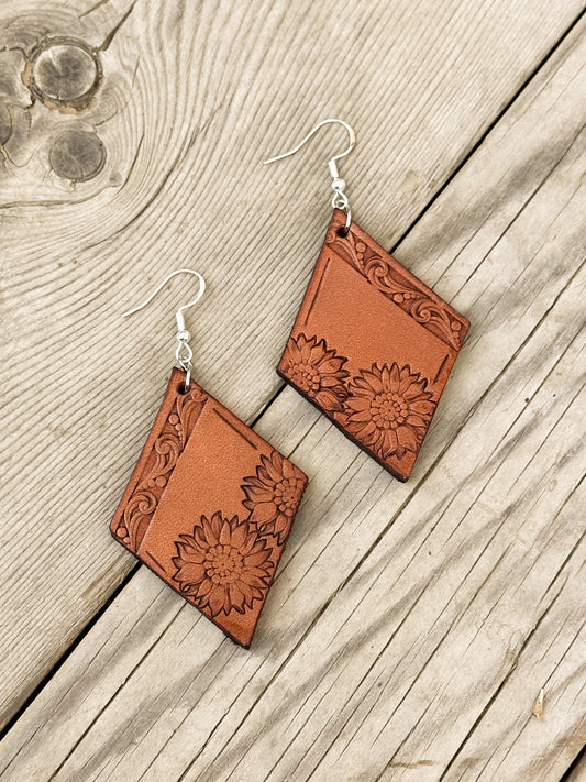Sunflower Stamped Leather Earrings
