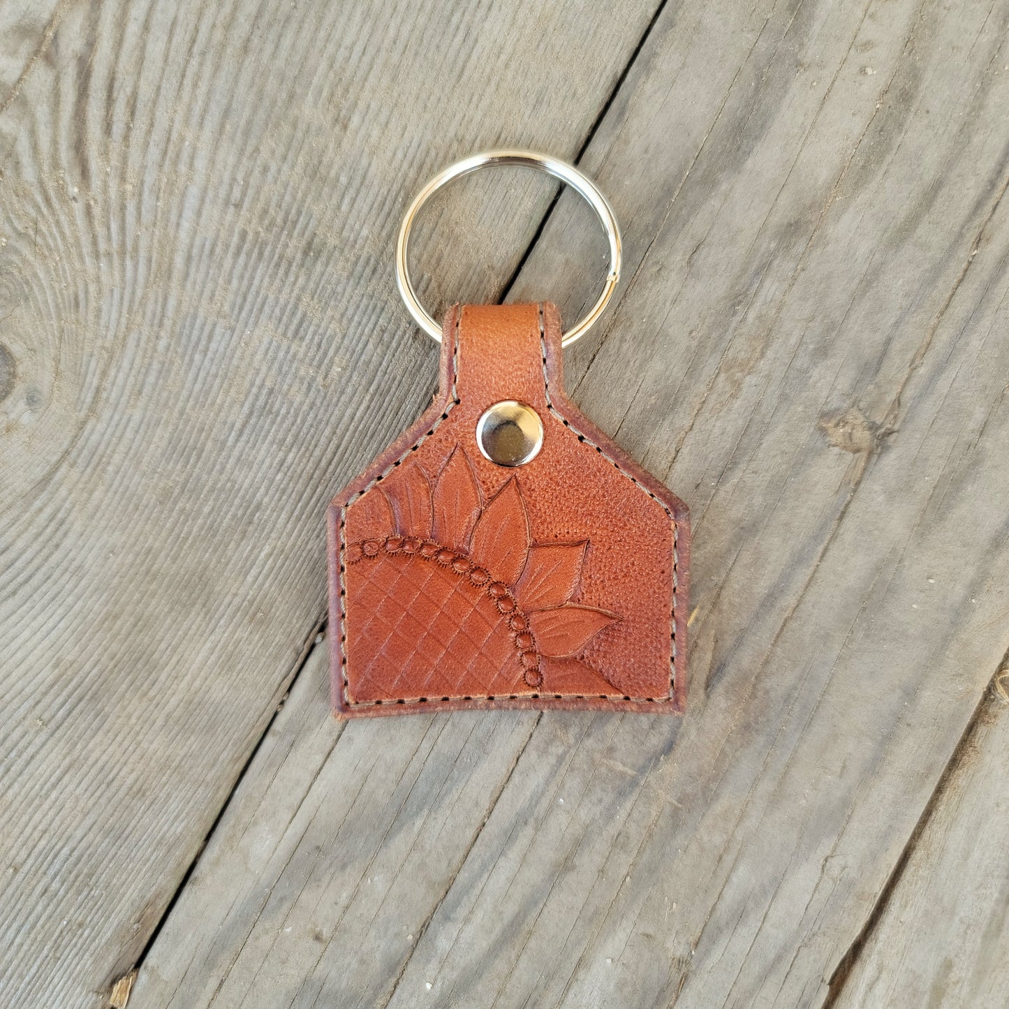 Sunflower Cattle Tag Leather Keychain