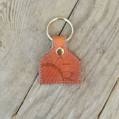 Sunflower Cattle Tag Leather Keychain