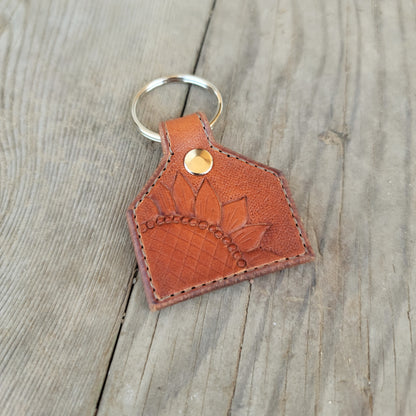 Sunflower Cattle Tag Leather Keychain