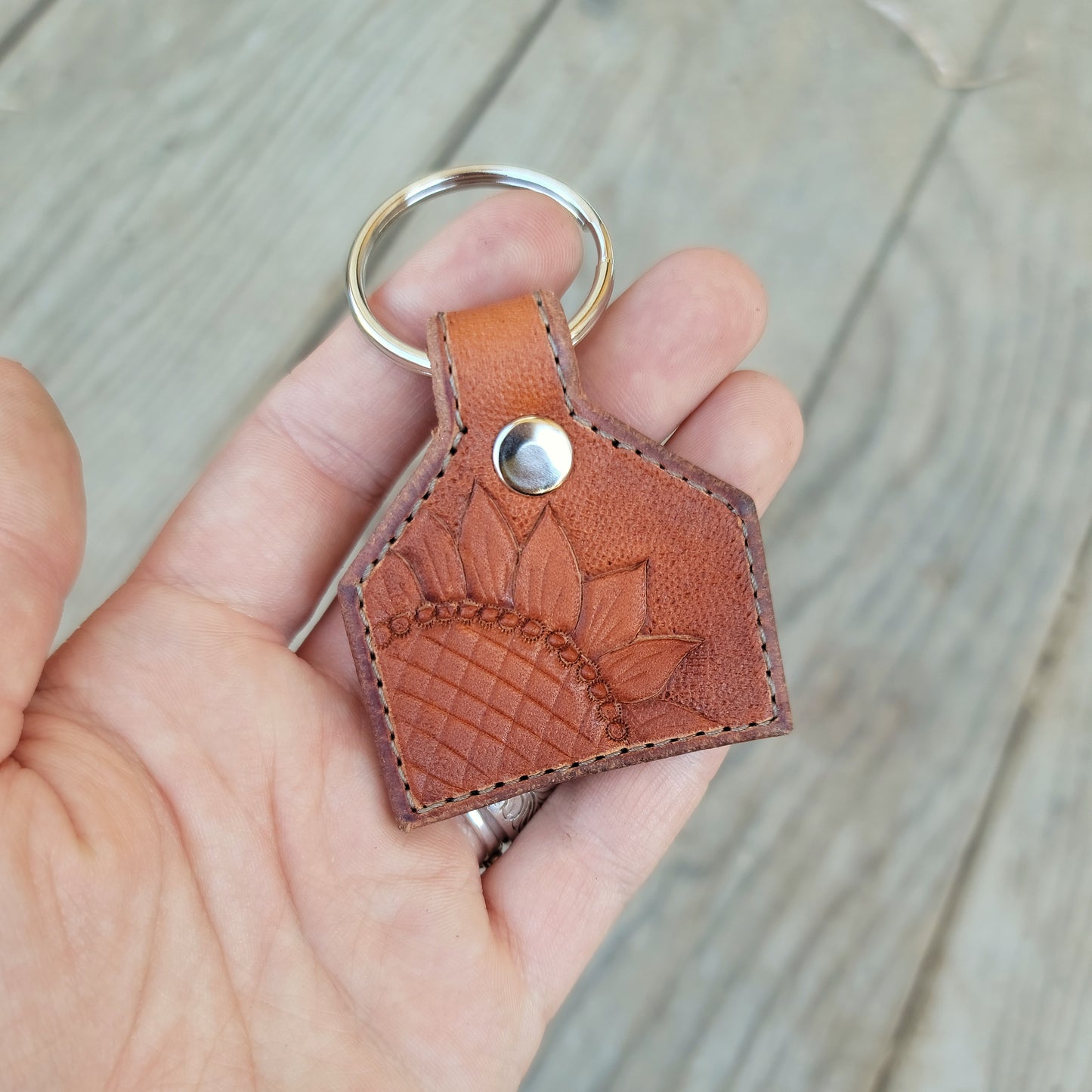 Sunflower Cattle Tag Leather Keychain