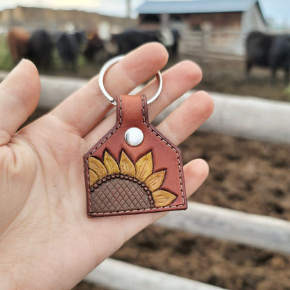 Painted Sunflower Cattle Tag Leather Keychain