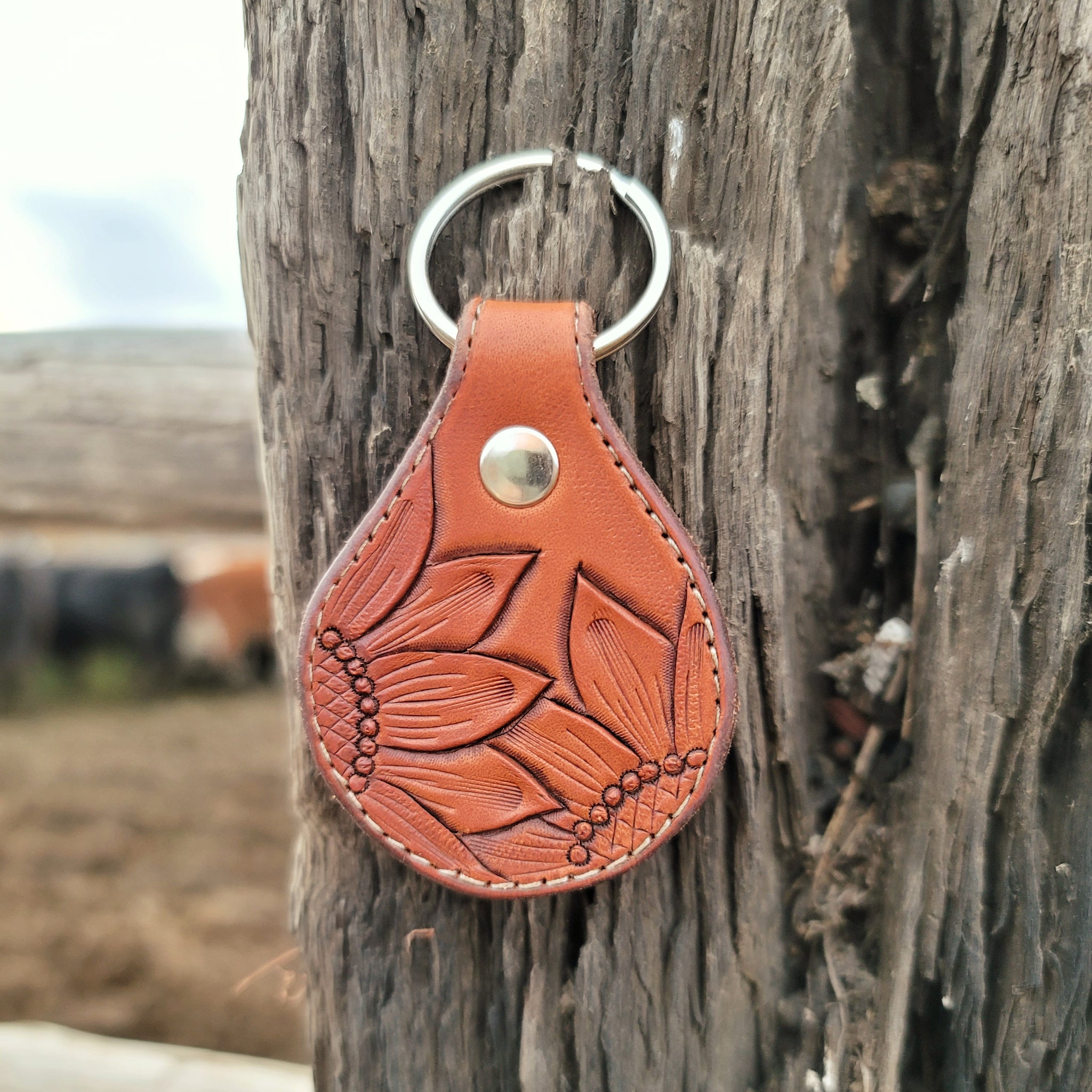 Tooled Leather Sunflower Ear Tag Painted Keychain Country 