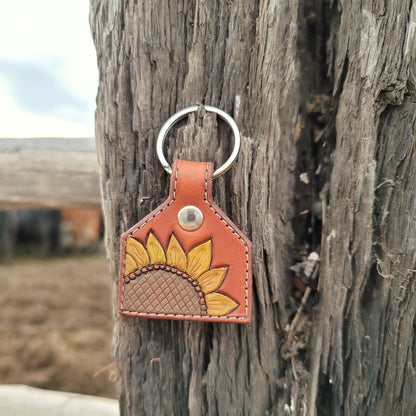 Painted Sunflower Cattle Tag Leather Keychain