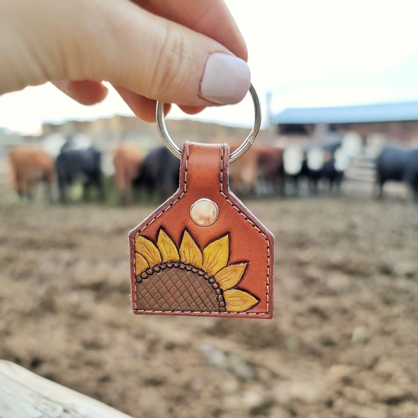 Painted Sunflower Cattle Tag Leather Keychain
