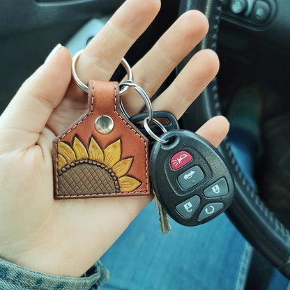 Painted Sunflower Cattle Tag Leather Keychain