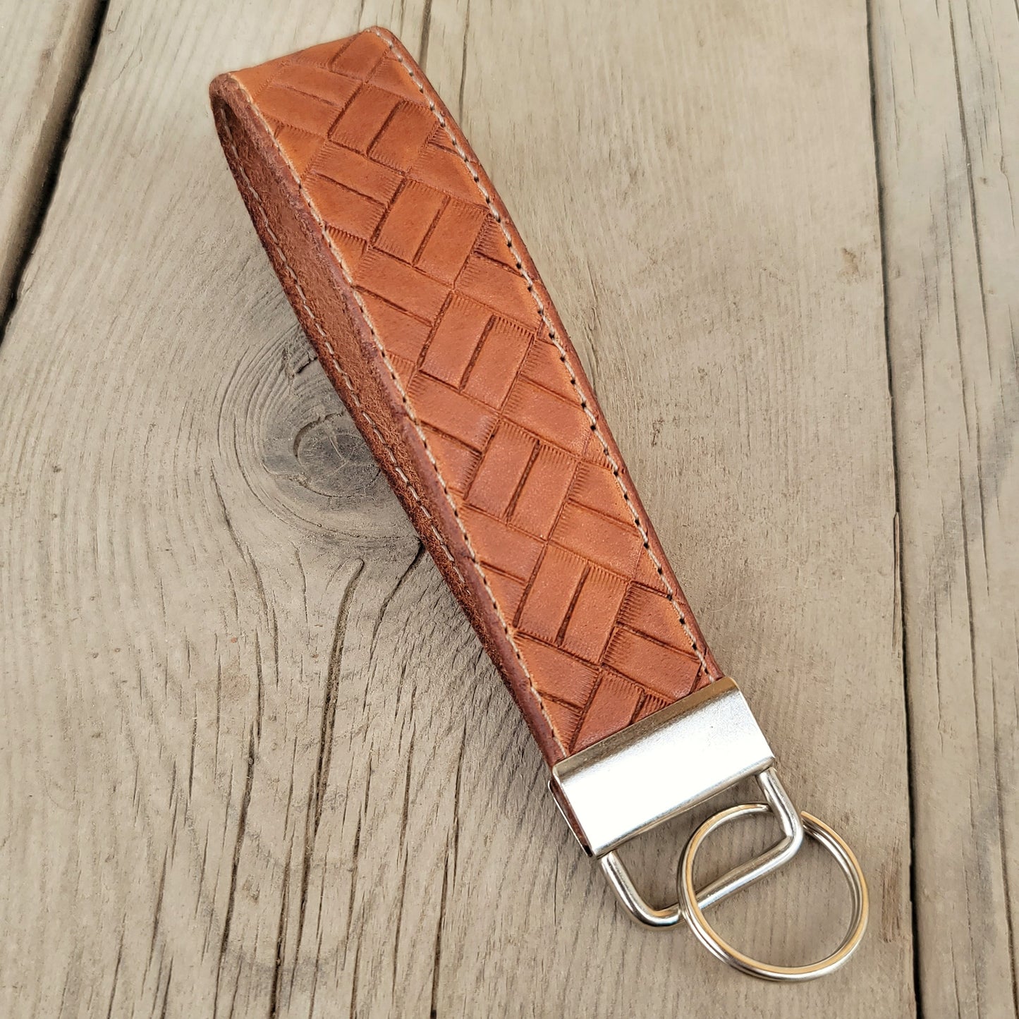 Crosshatch Stamped Leather Keychain