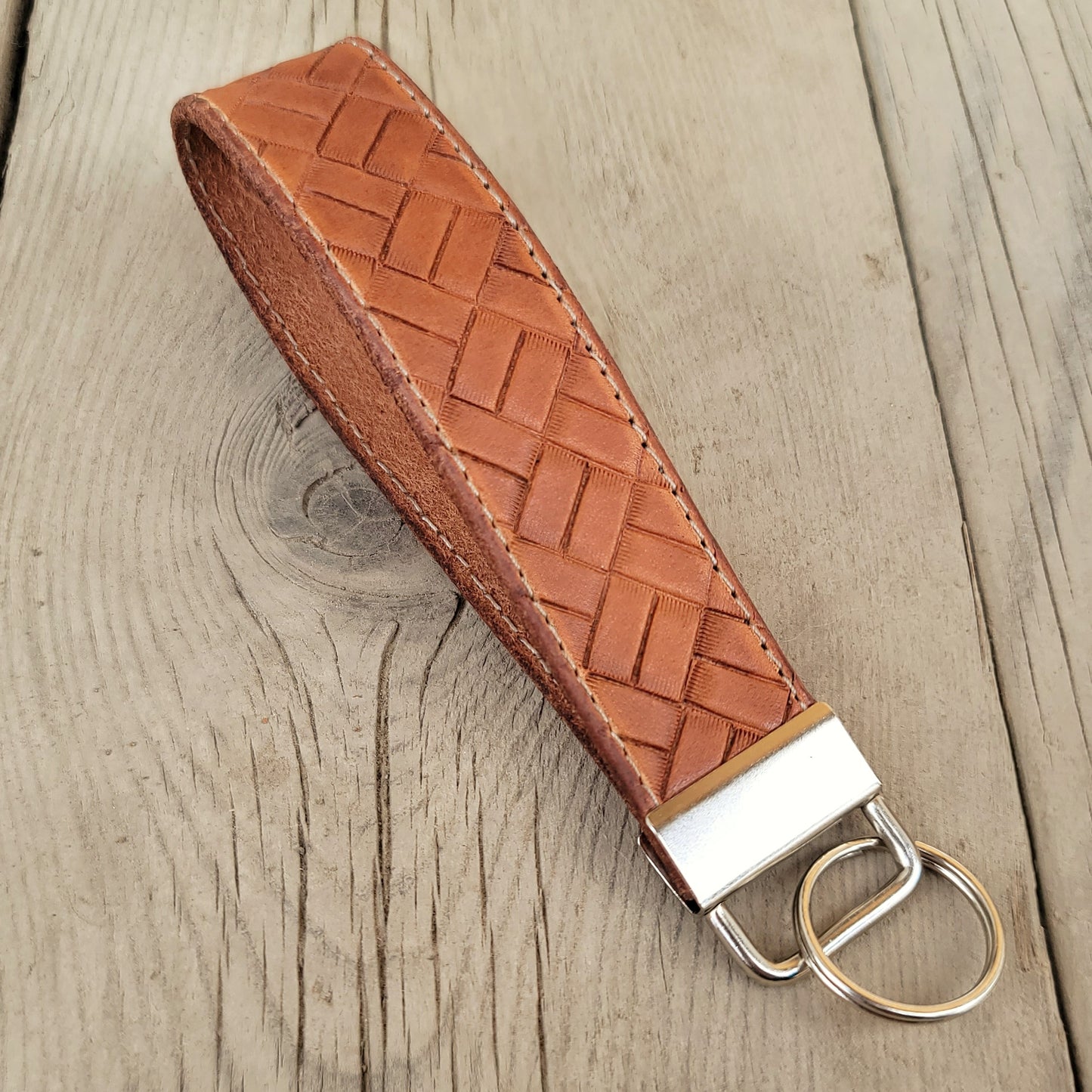 Crosshatch Stamped Leather Keychain