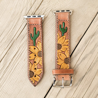 Sunflower & Cactus Painted Leather Smart Watch Band