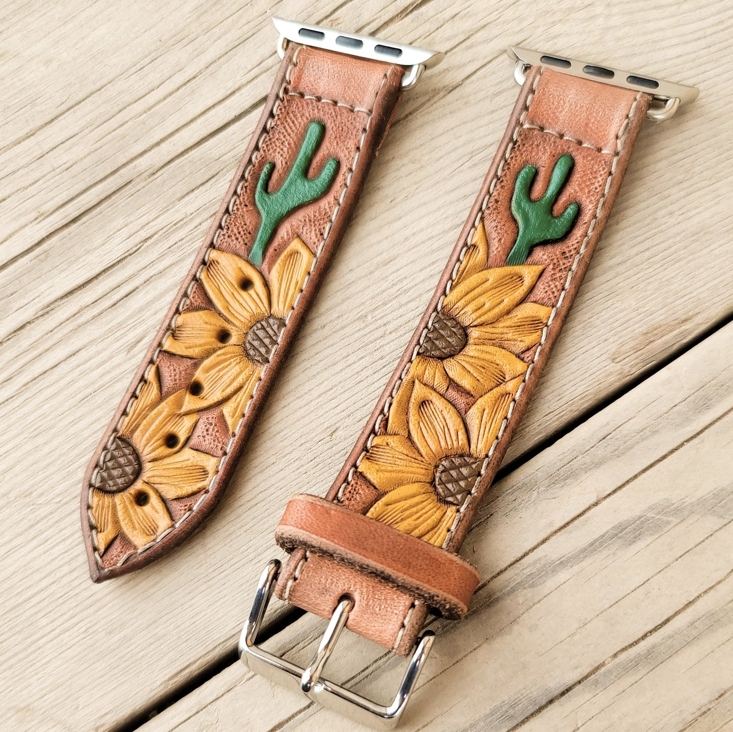 Sunflower & Cactus Painted Leather Smart Watch Band