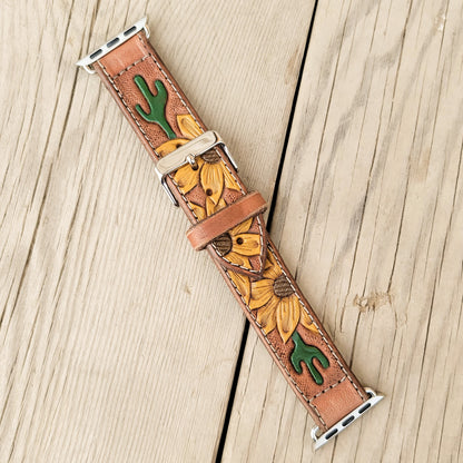 Sunflower & Cactus Painted Leather Smart Watch Band