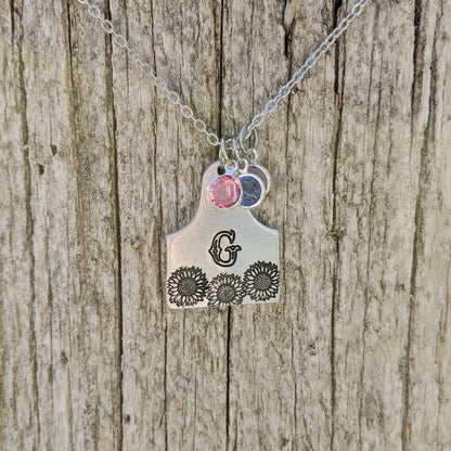 Personalized Initial Cattle Tag Necklace with Birthstones