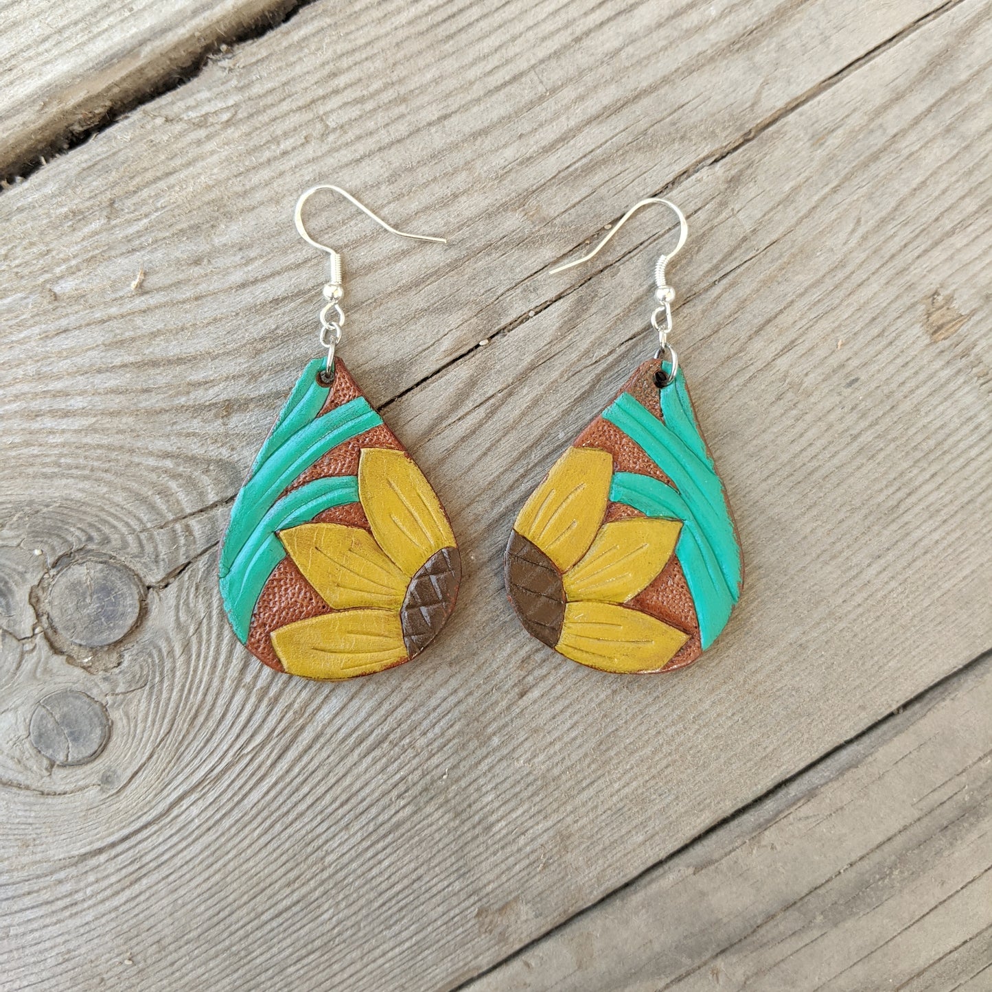 Turquoise Sunflower Painted Earrings