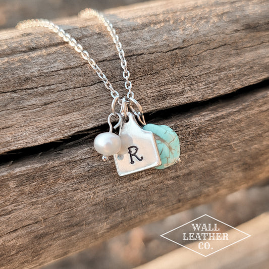 Initial Cattle Ear Tag Necklace - Pearl & Turquoise