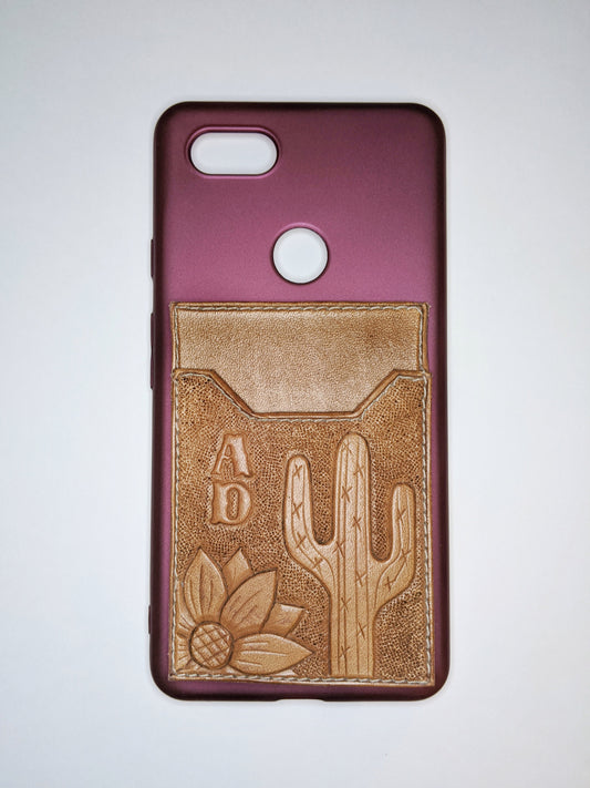 Sunflower & Cactus Tooled Leather Phone Wallet w/ Initials