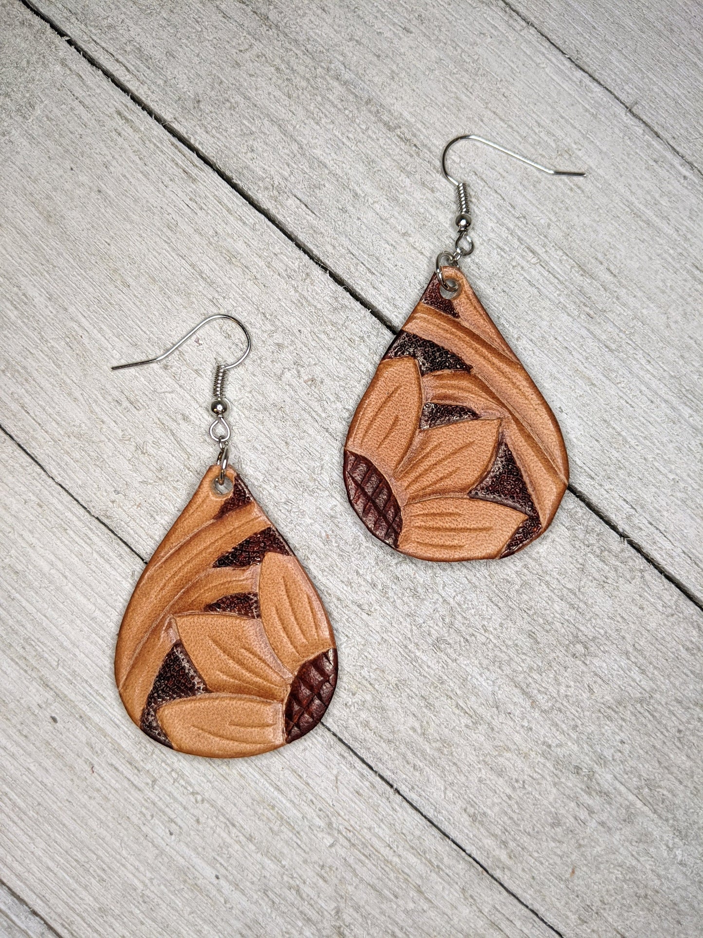 Teardrop Sunflower Painted Leather Earrings