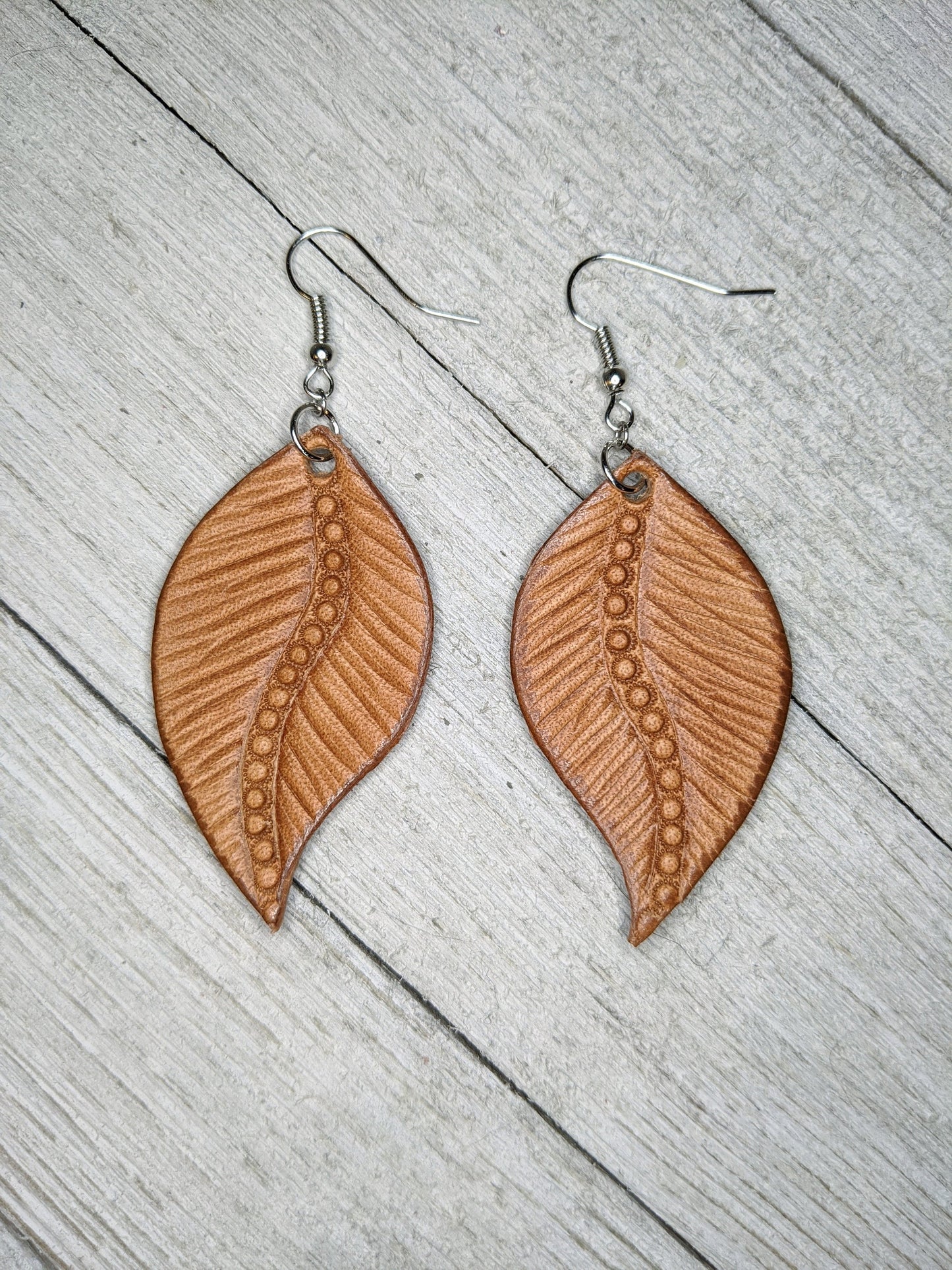 Feather Tooled Leather Earrings