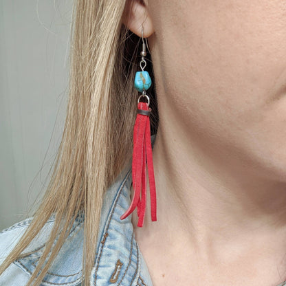 Turquoise & Red Leather Tassel Earrings