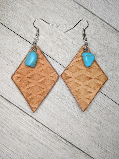 Aztec Print Diamond Leather Earrings with Turquoise