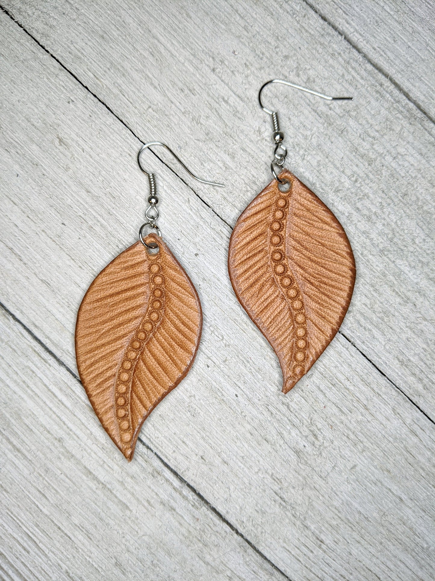 Feather Tooled Leather Earrings