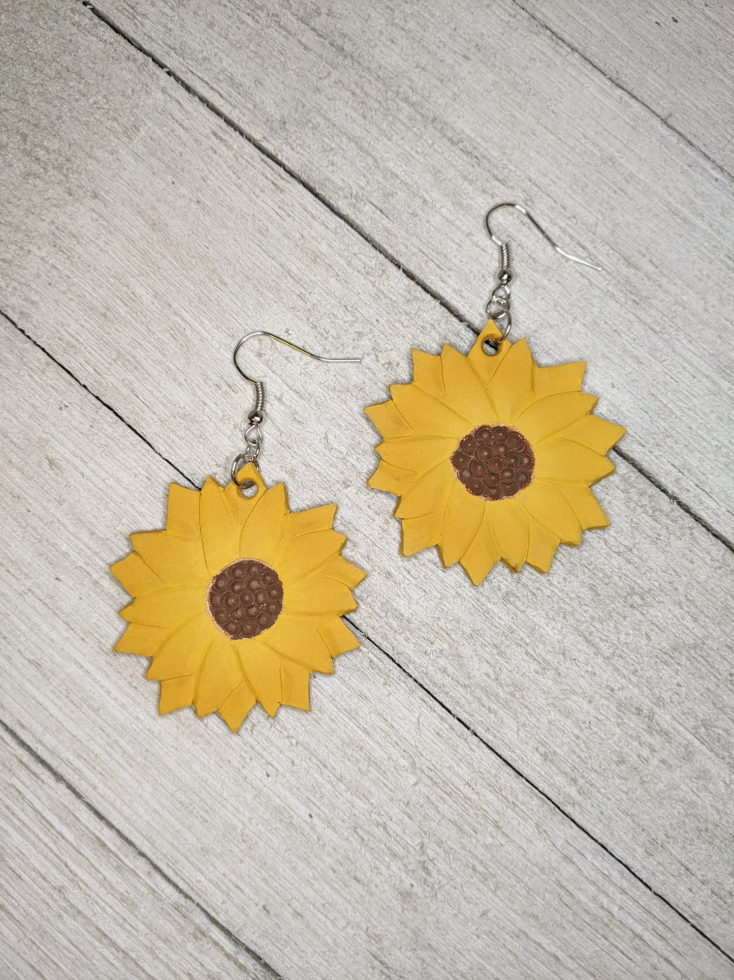Sunflower Painted Leather Earrings