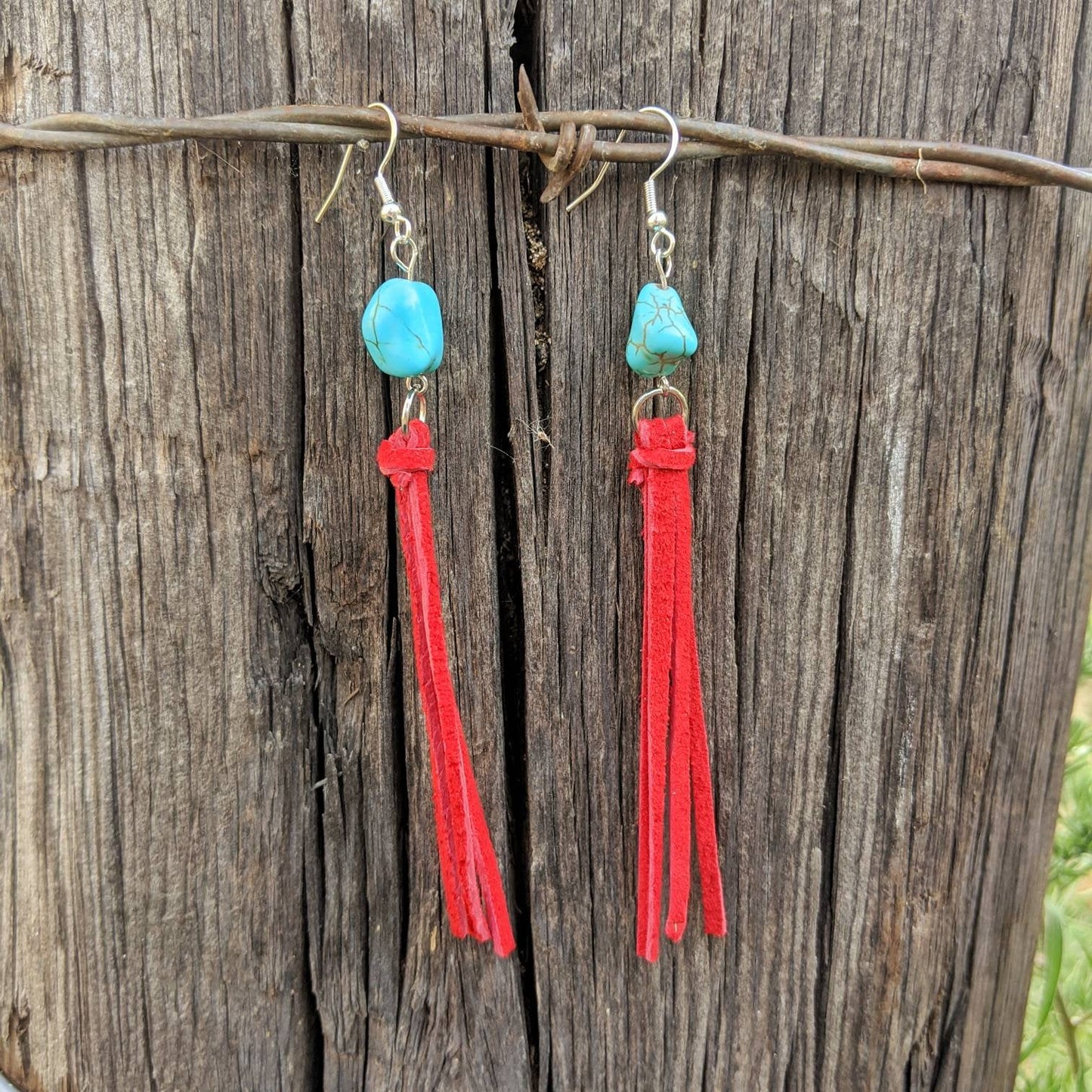 Turquoise & Red Leather Tassel Earrings