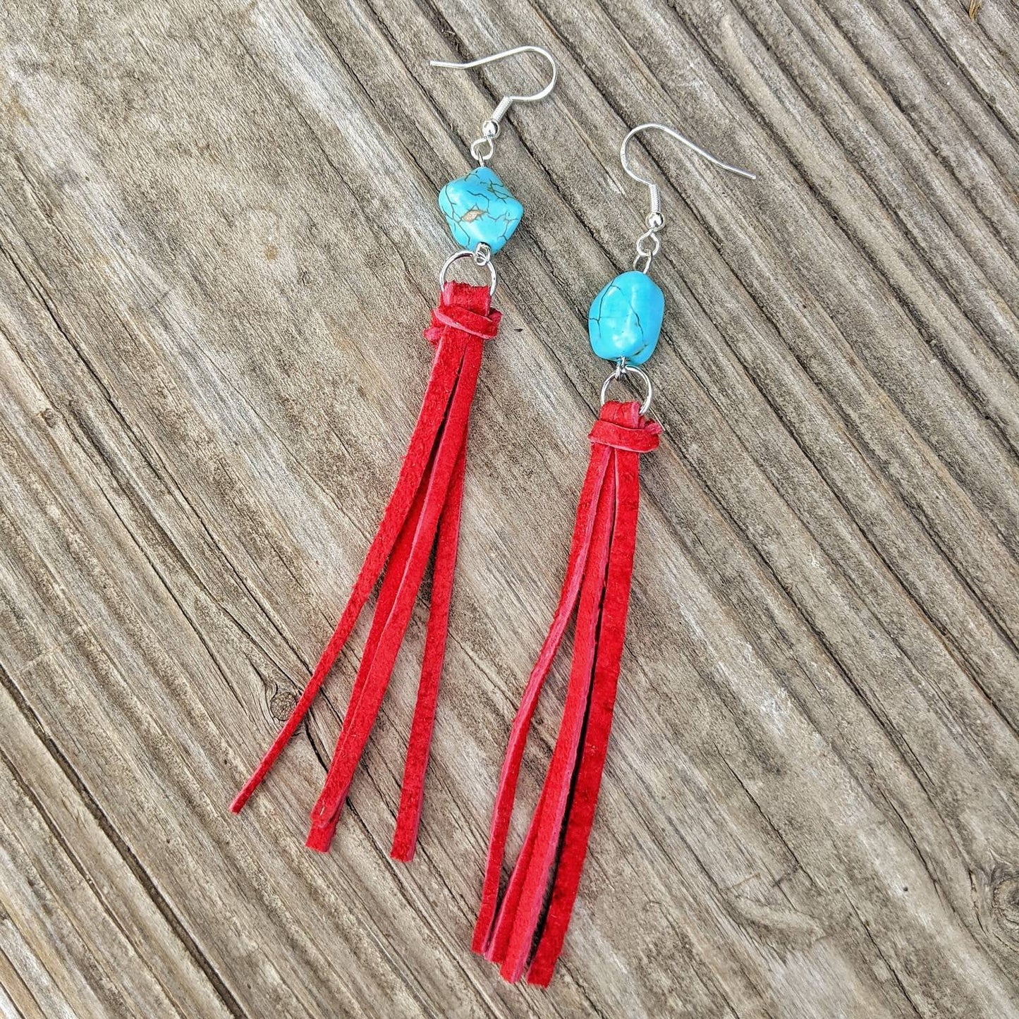 Turquoise & Red Leather Tassel Earrings