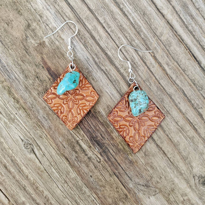 Small Diamond Leather Earrings with Turquoise