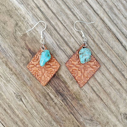Small Diamond Leather Earrings with Turquoise
