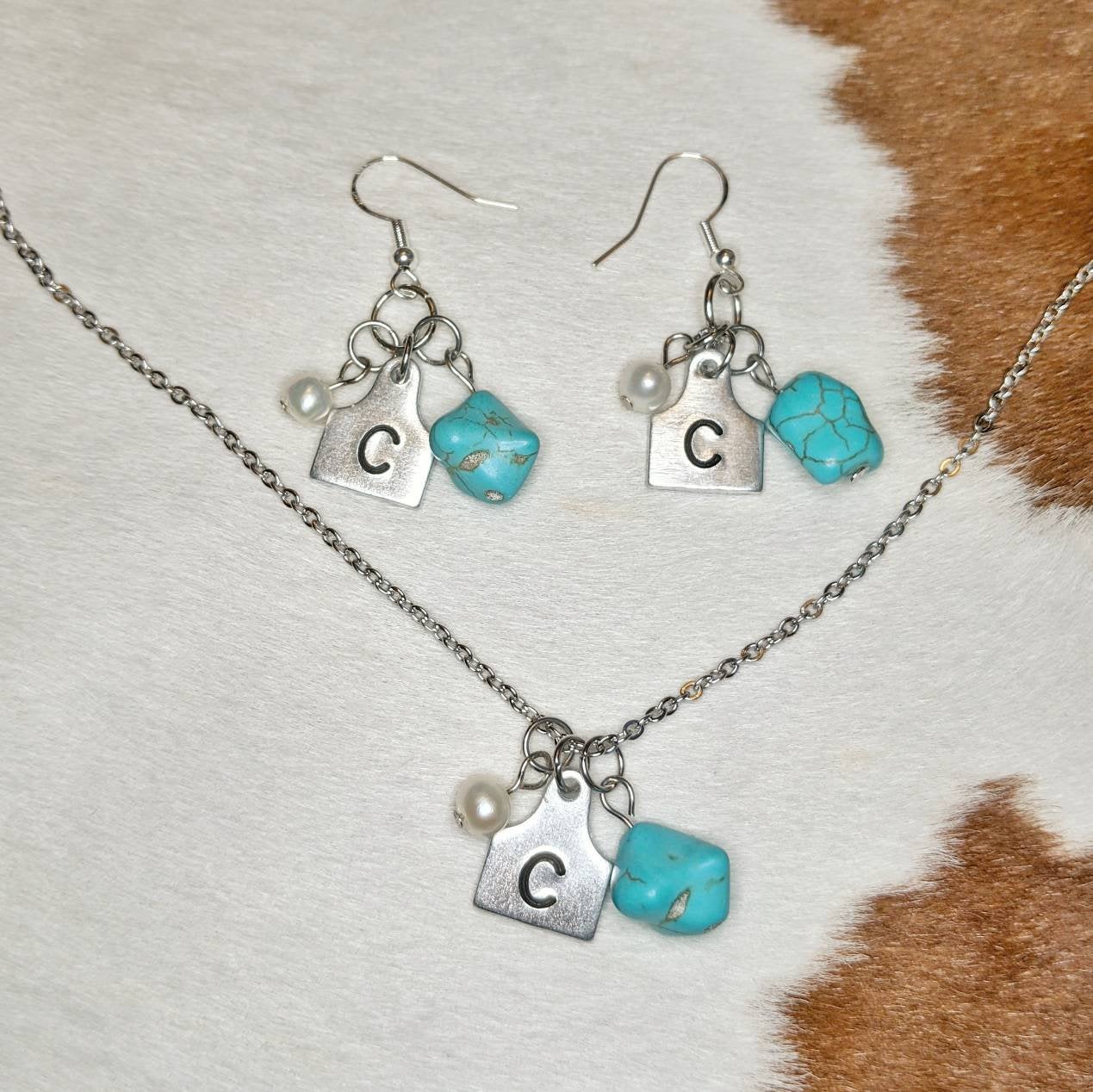 Initial Cattle Tag Necklace and Earring Set