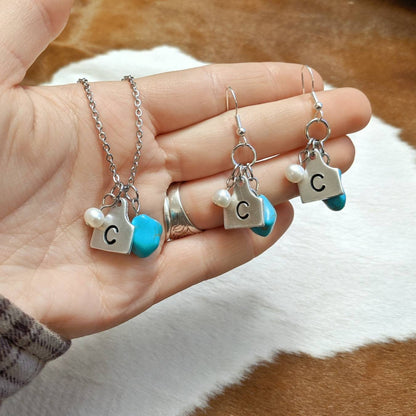 Initial Cattle Tag Necklace and Earring Set